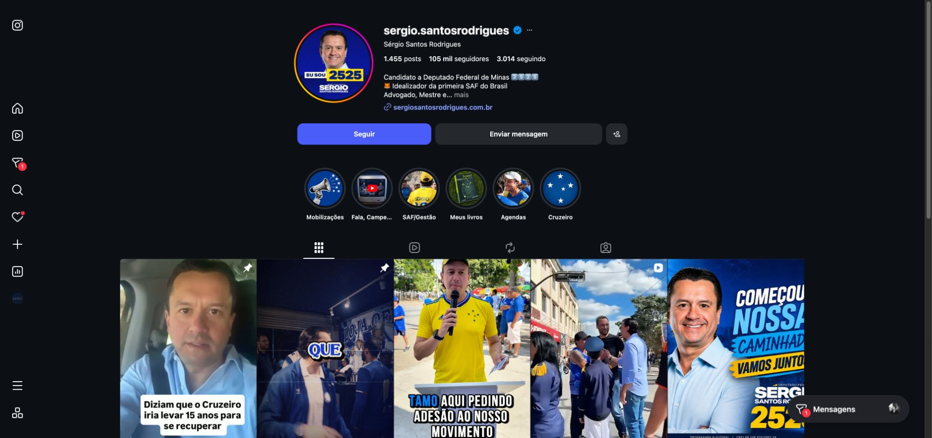 Visão pública da bio, destaques e primeiros posts do perfil de Sérgio Santos Rodrigues
